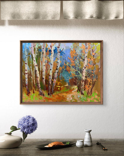 Oil painting Autumn birch grove by Yuriy Suprunchuk in wooden frame