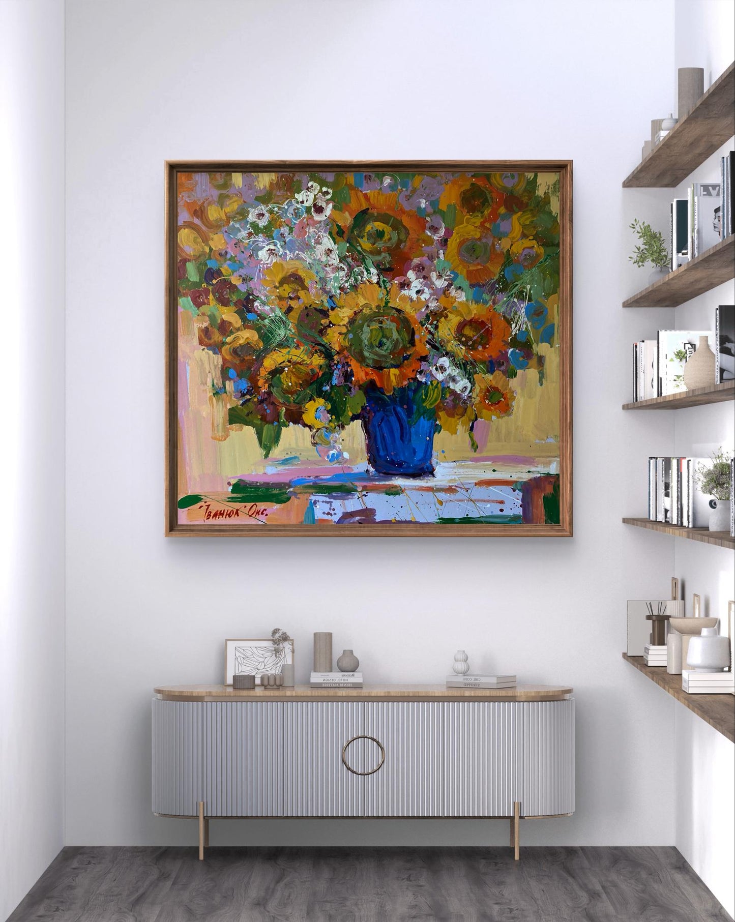 Vibrant impressionist oil painting of sunflowers in blue vase by Oksana Ivanyuk