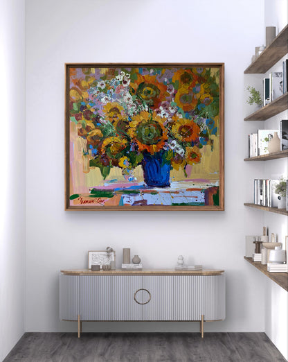 Vibrant impressionist oil painting of sunflowers in blue vase by Oksana Ivanyuk