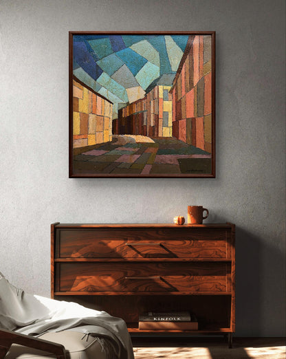 Oil painting City Square by Serhiy Kovalev in dark wood frame