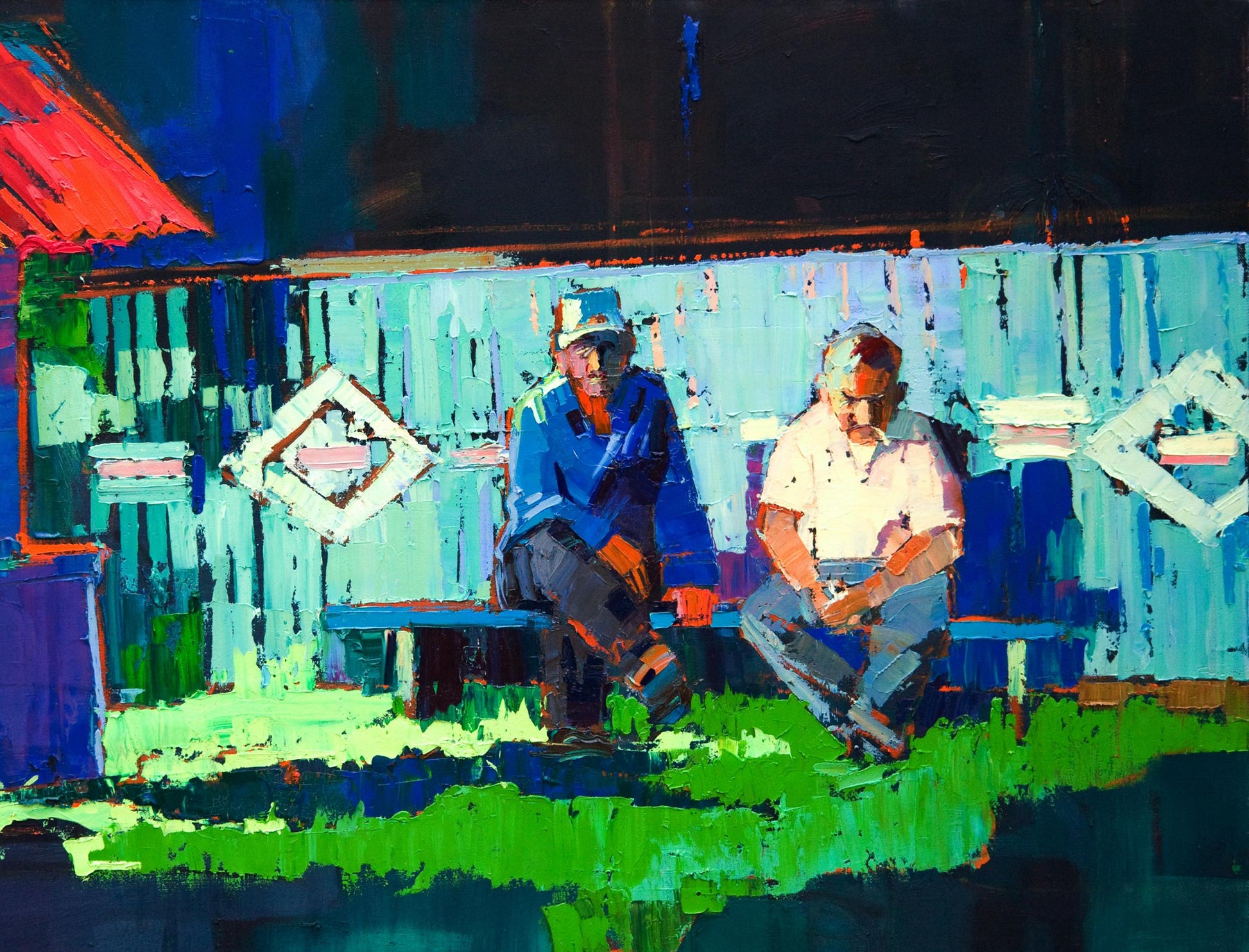 Oil painting Quiet village life by Natalia Korf-Ivaniuk: two men on bench by blue fence