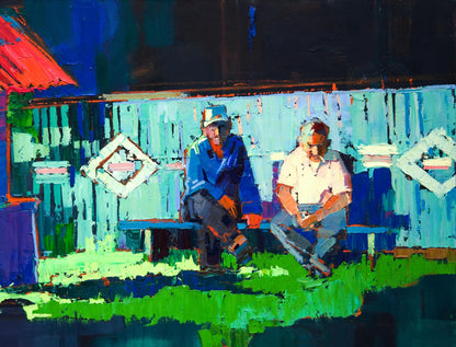 Oil painting Quiet village life by Natalia Korf-Ivaniuk: two men on bench by blue fence