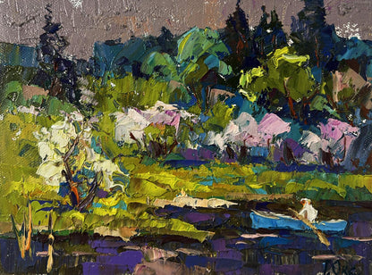 Vibrant impressionist oil painting Breath of spring in green groves by Oksana Ivanyuk