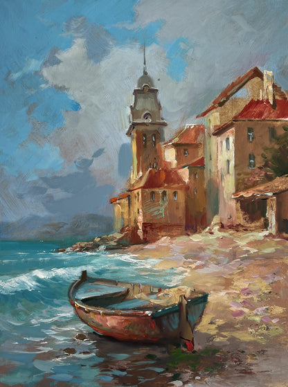 Oil painting of weathered rowboat on pebbled shore by Yuriy Suprunchuk