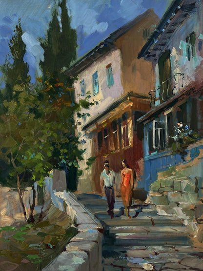Oil painting by Yuriy Suprunchuk: couple walks sunlit cobblestone alley