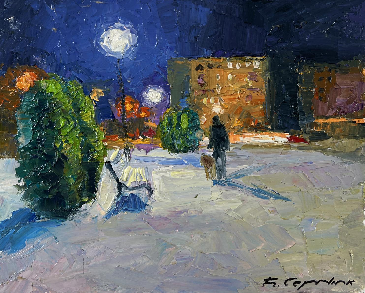 Oil painting Park before night by Boris Serdyuk: silhouette walking dog in snowy street