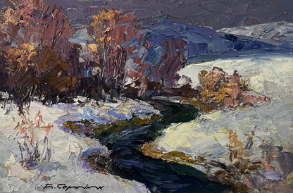 Oil painting Winter stream by Boris Serdyuk snowy landscape