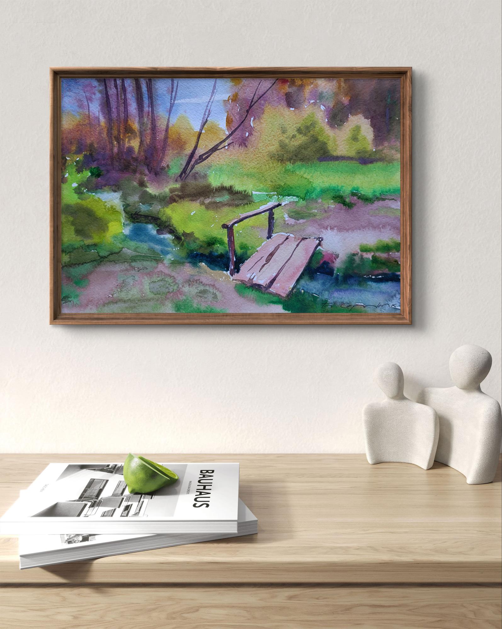 Watercolor painting Step across water by Boris Serdyuk in wooden frame