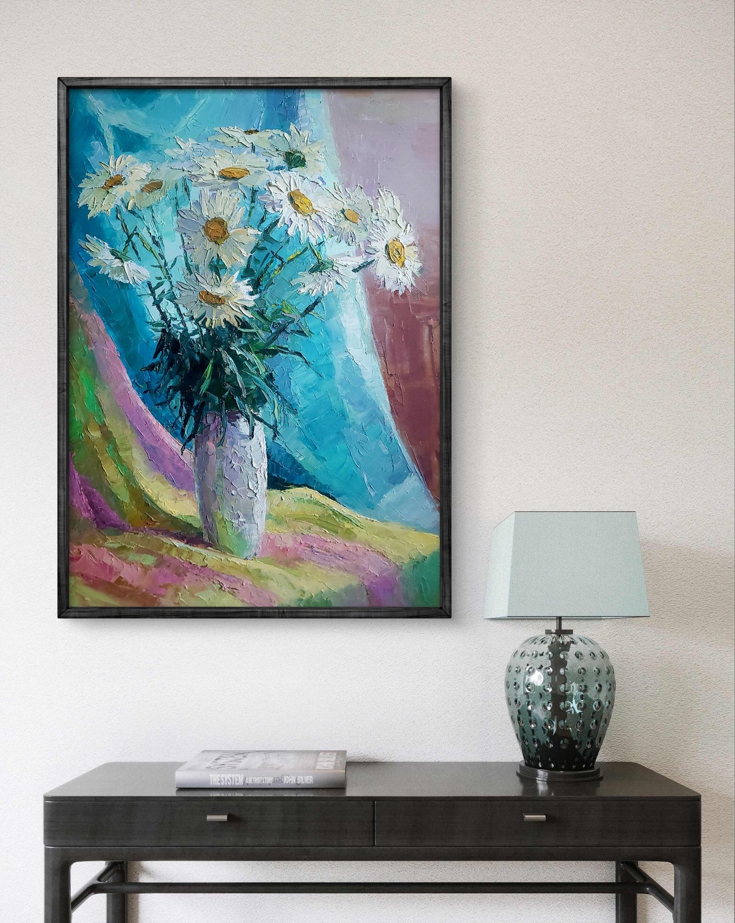 Vibrant impressionist oil painting of chamomile by Boris Serdyuk in gray vase
