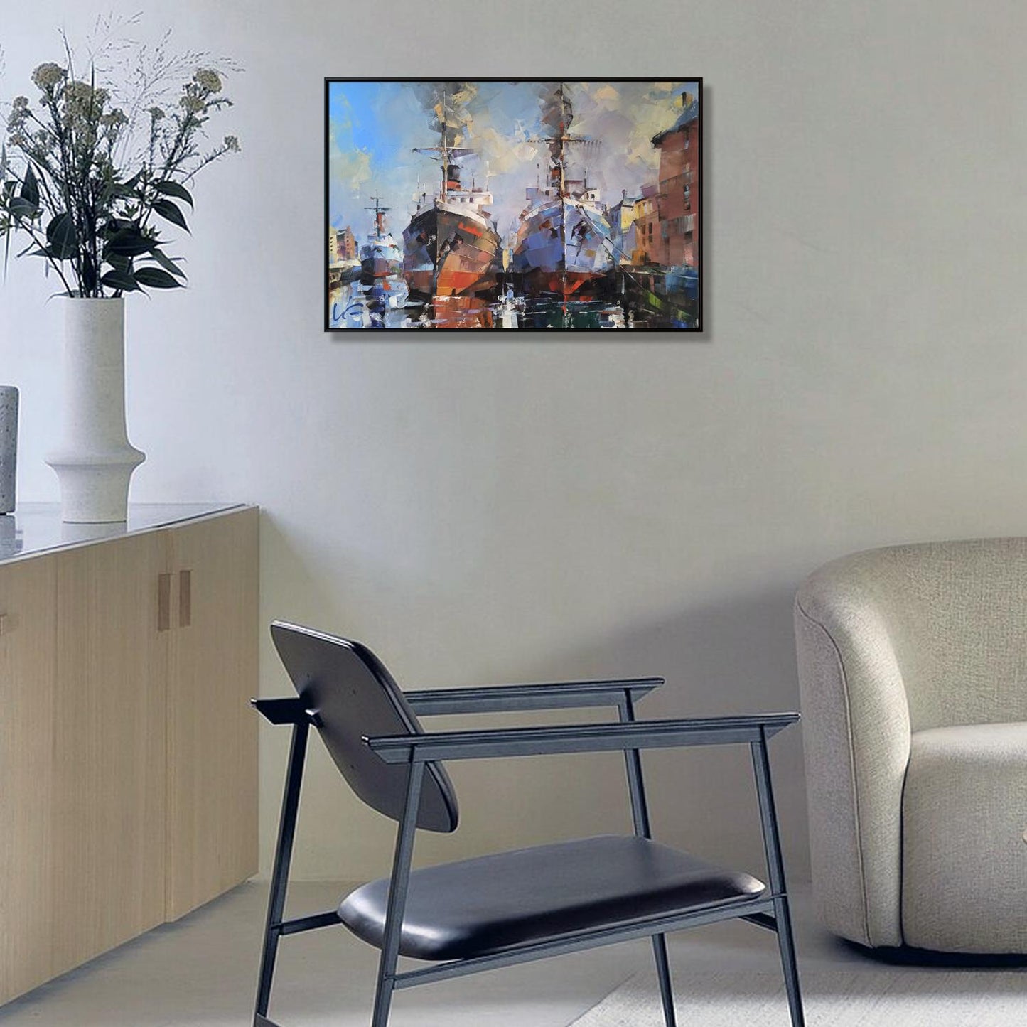 Black metal armchair with leather upholstery in Frosty morning oil painting