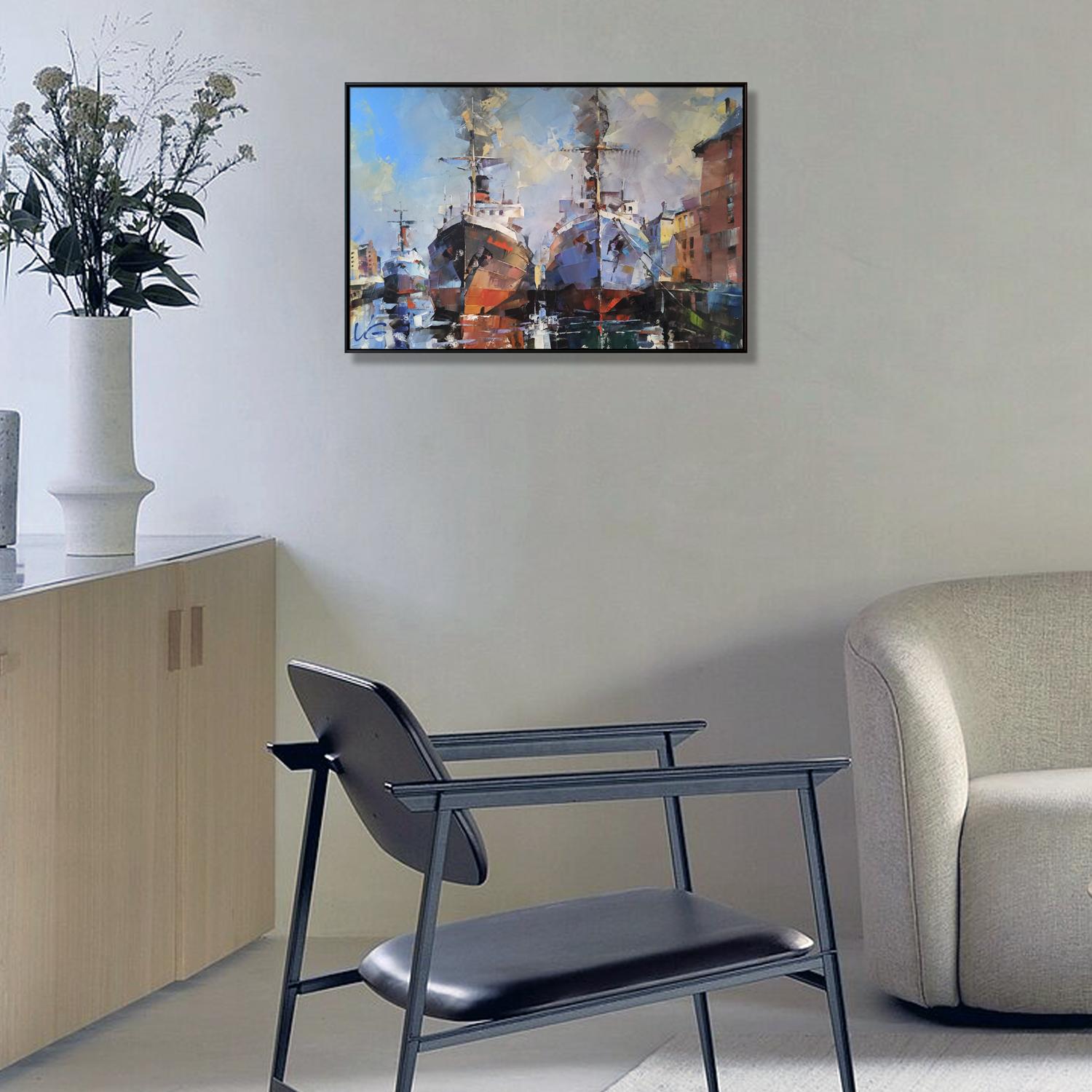 Black metal armchair with leather upholstery in Frosty morning oil painting