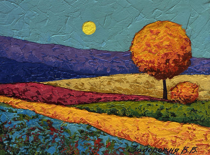 Oil painting of flower fields and orange tree by V. Zadorozhnya