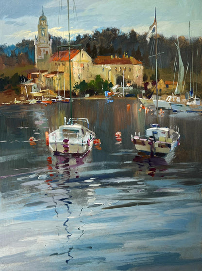 Impressionistic oil painting Between the sea and the sky by Yuriy Suprunchuk, serene harbor with white boats