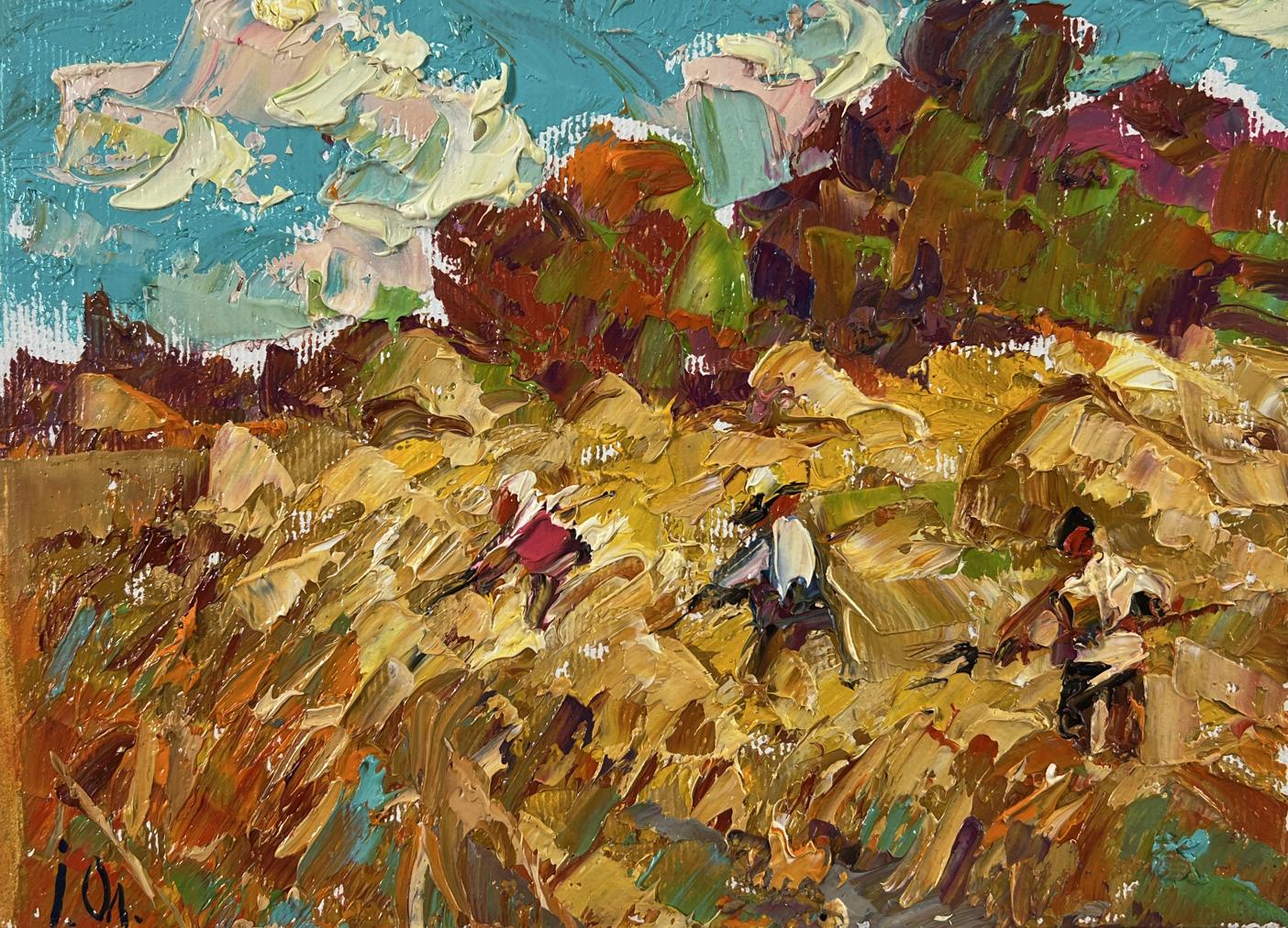 Vibrant Oleksiy Ivanyuk oil painting of daytime haymaking with wheat harvest