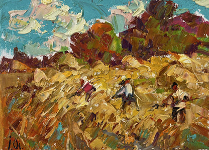 Vibrant Oleksiy Ivanyuk oil painting of daytime haymaking with wheat harvest