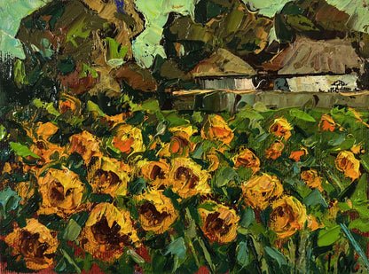 Vibrant yellow sunflowers in Oksana Ivanyuks Sunny day in the village oil painting