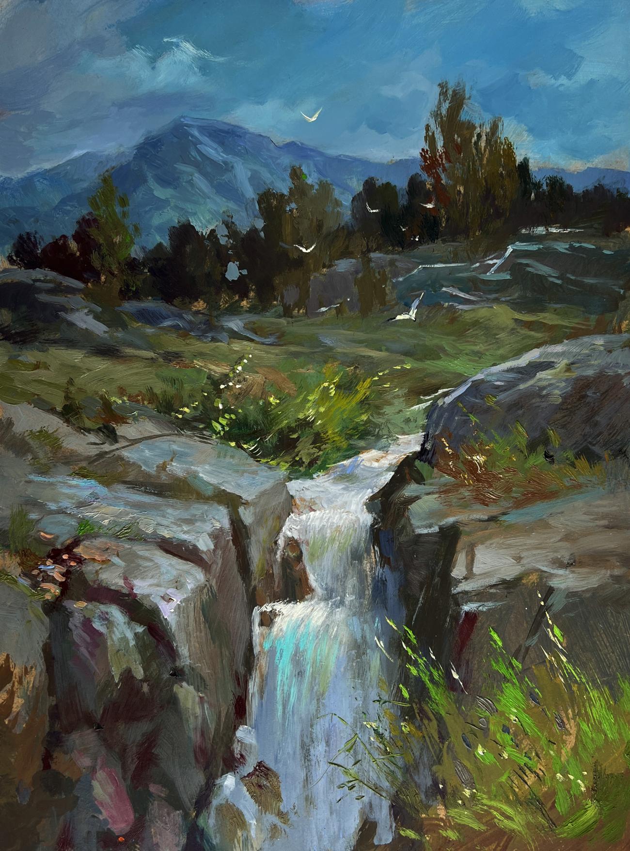 Oil painting of serene mountain waterfall by Yuriy Suprunchuk