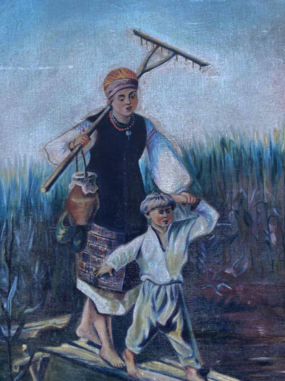 Oil painting of woman with rake, jug, orange headscarf by unknown artist