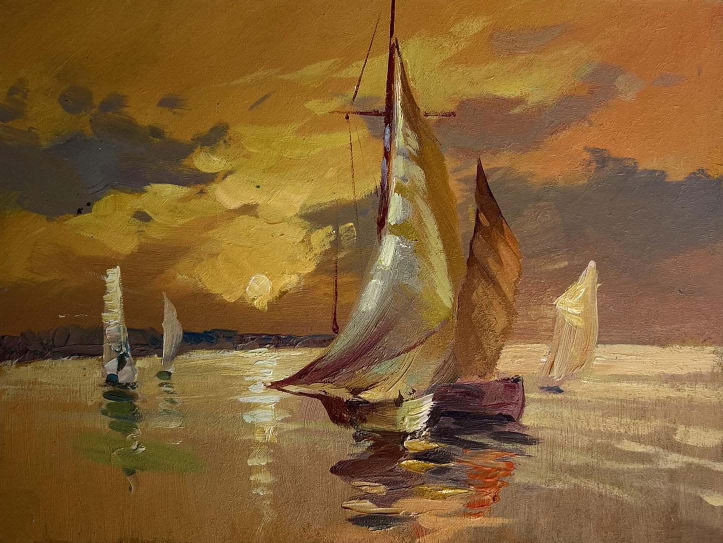 Oil painting In the evening at sea by Yuriy Suprunchuk sailboat sunset