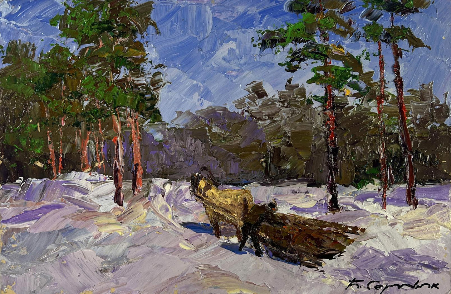 Rustic oil painting of winter road through snow-covered pine forest by Boris Serdyuk