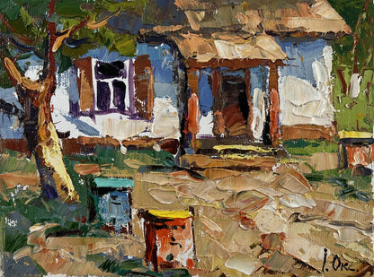 Impressionistic oil painting of Oksana Ivanyuks Apiary in the Yard, rustic blue house amid greenery