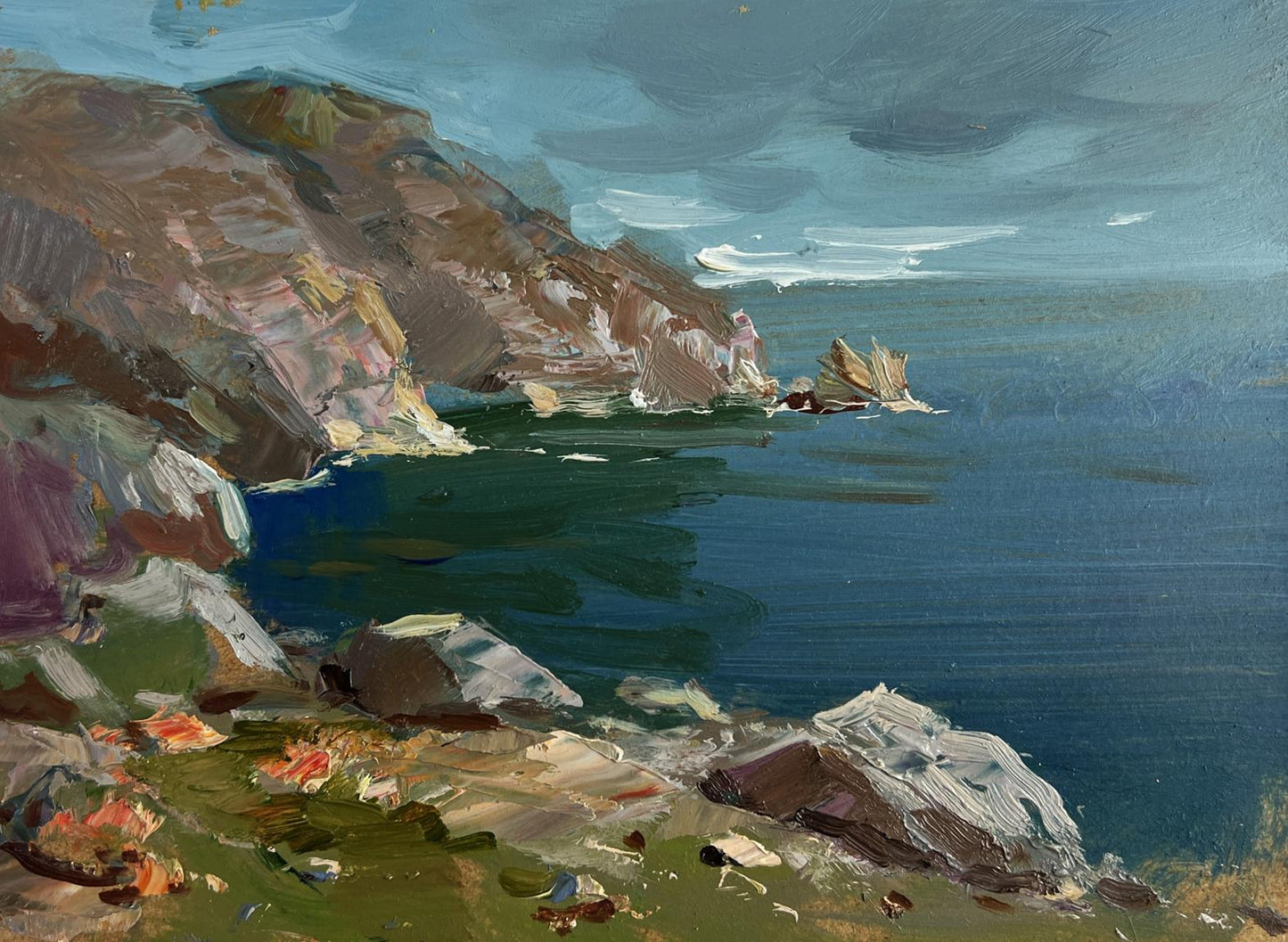 Oil painting Sea Breeze on the Shore by Yuriy Suprunchuk, rugged coastal cliffs
