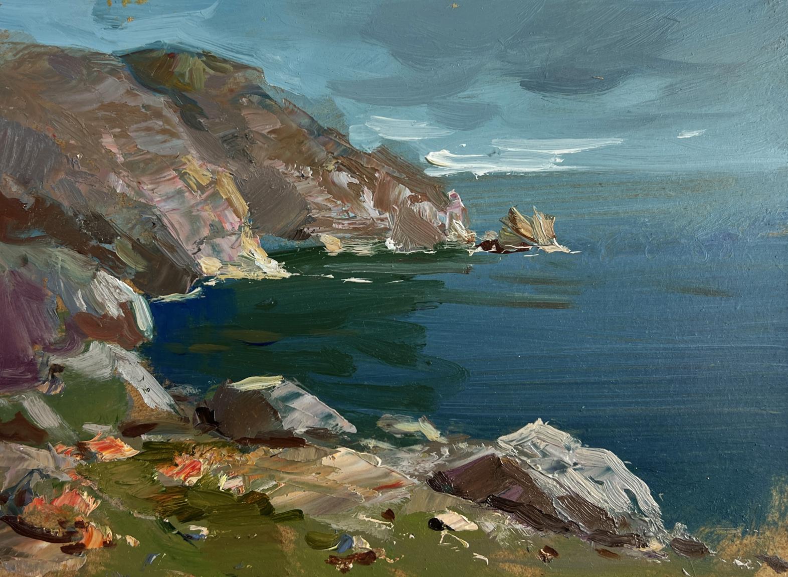 Oil painting Sea Breeze on the Shore by Yuriy Suprunchuk, rugged coastal cliffs