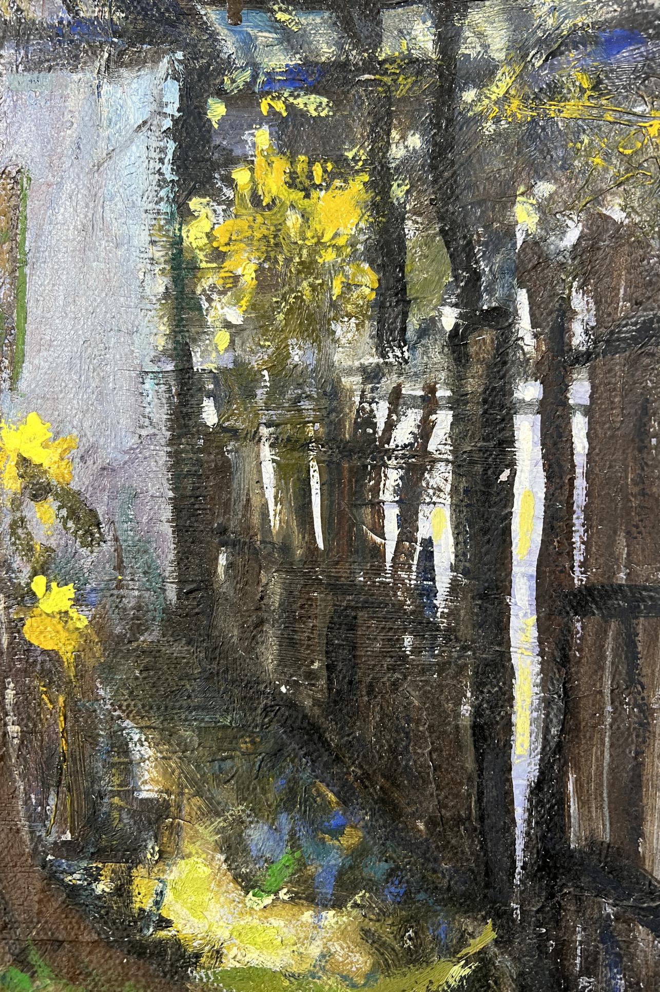 Oil painting The Silence of the Village Yard by Fedor Konev with yellow flowers