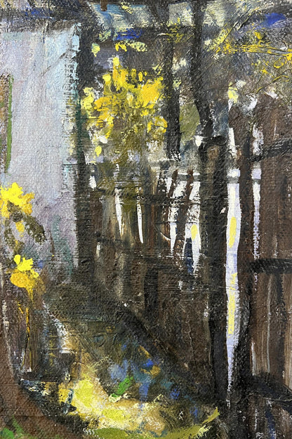 Oil painting The Silence of the Village Yard by Fedor Konev with yellow flowers