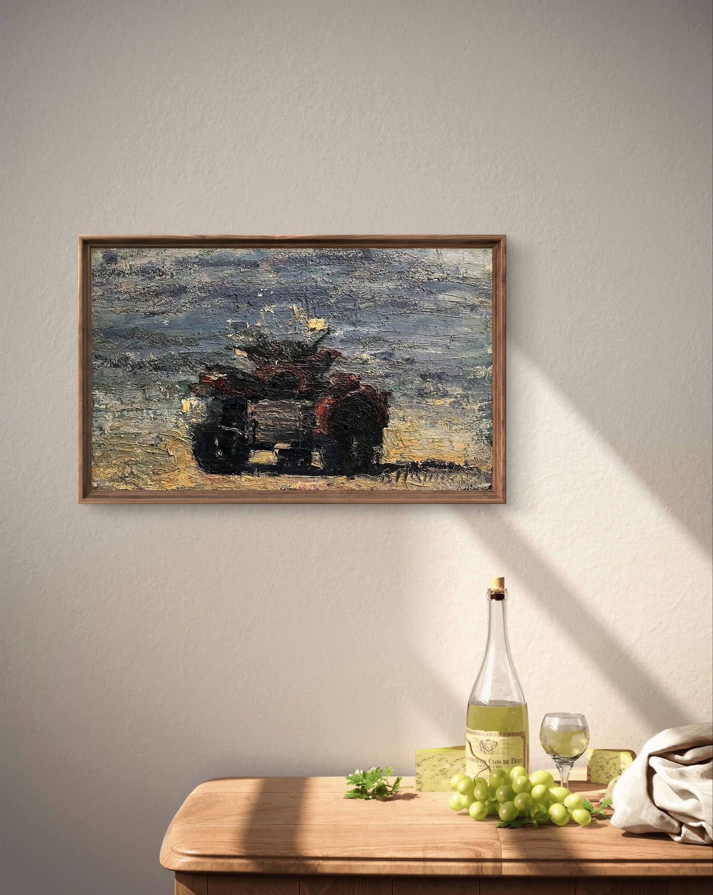 Rustic impressionist oil painting of red tractor by Volodymyr Pashchenko