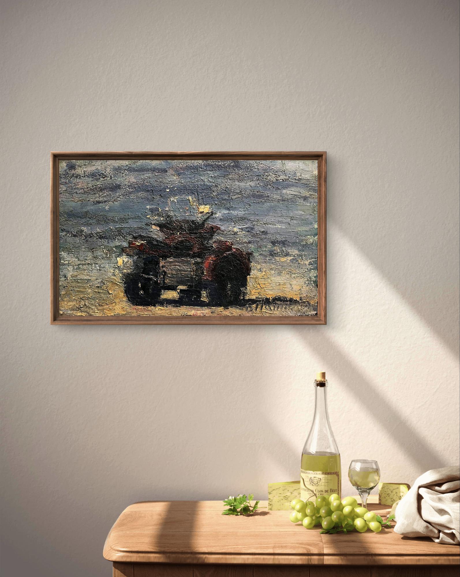 Rustic impressionist oil painting of red tractor by Volodymyr Pashchenko