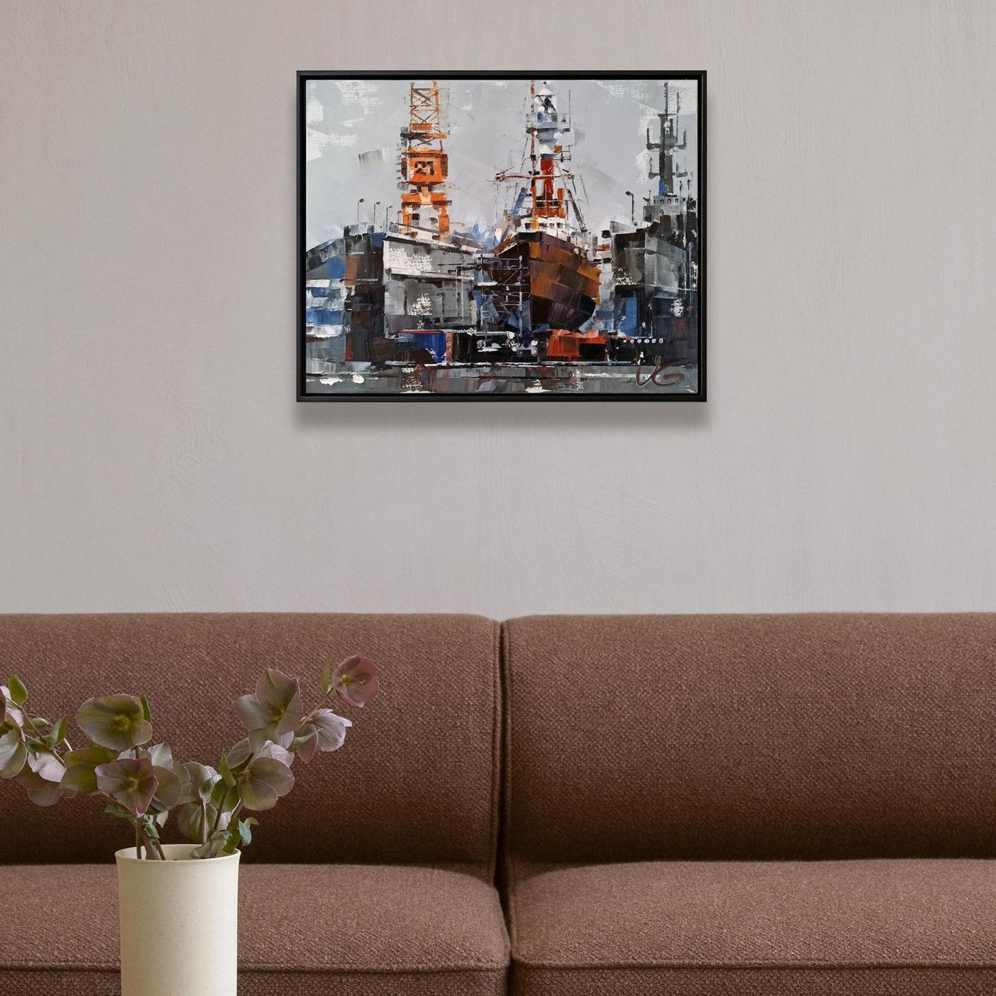 Oil painting of Lighthouse ship Amrumbank by Volodymyr Gluhomanyuk in black frame