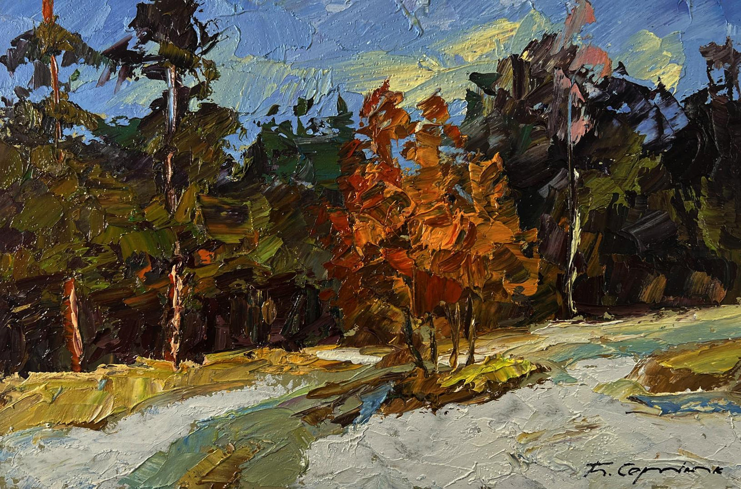 Impressionistic oil painting by Boris Serdyuk: first snow on autumn stream landscape