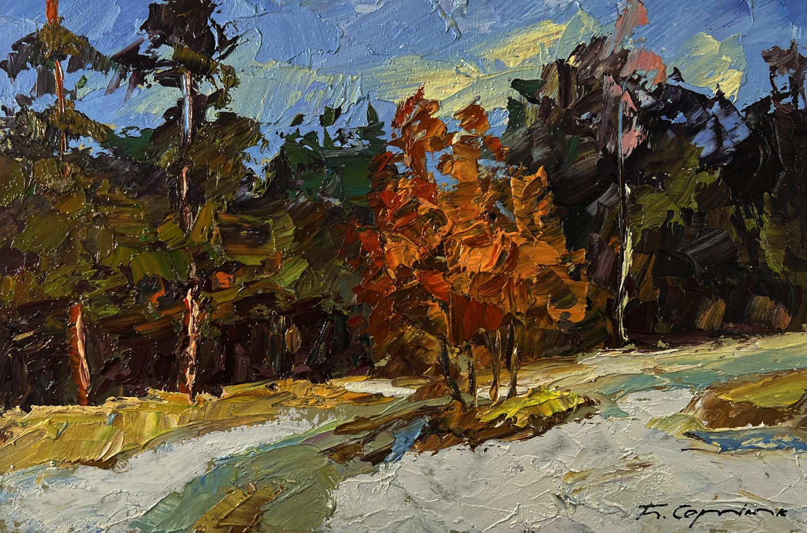 Impressionistic oil painting by Boris Serdyuk: first snow on autumn stream landscape