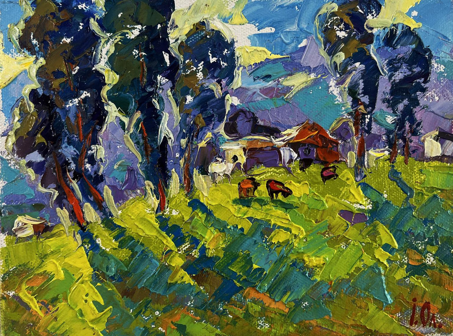 Vibrant impressionist oil painting by Oleksiy Ivanyuk of pastoral scene with cows and trees