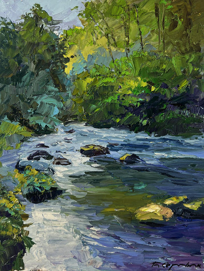 Vibrant impasto oil painting of crystal water among rocky giants by Boris Serdyuk