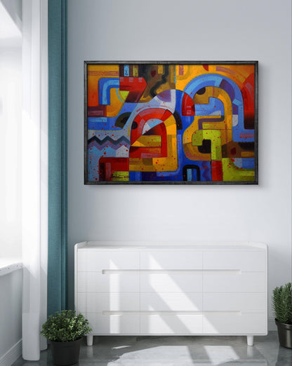 Vibrant Oil painting In a Parade by Sergiy Voichenko with bold geometric shapes in modern frame