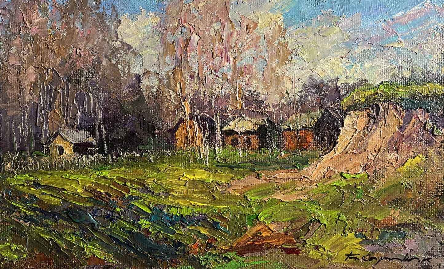 A textured oil painting depicting a rustic village scene with vibrant green fields, earthy-toned houses nestled among trees under a soft blue sky.