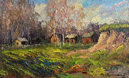 A textured oil painting depicting a rustic village scene with vibrant green fields, earthy-toned houses nestled among trees under a soft blue sky.