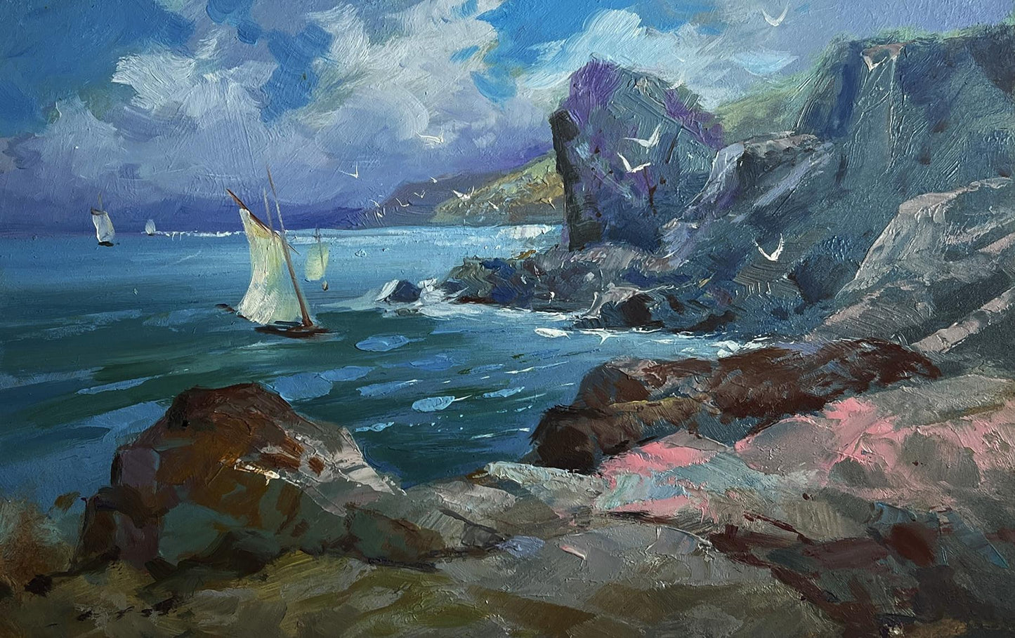Oil painting of sailboat, seagulls, rocky shore by Yuriy Suprunchuk