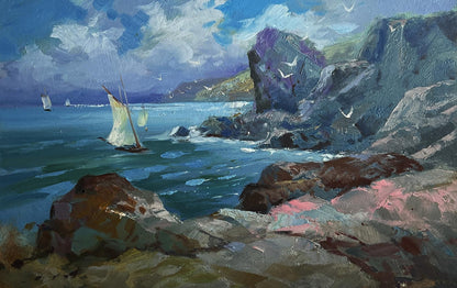 Oil painting of sailboat, seagulls, rocky shore by Yuriy Suprunchuk