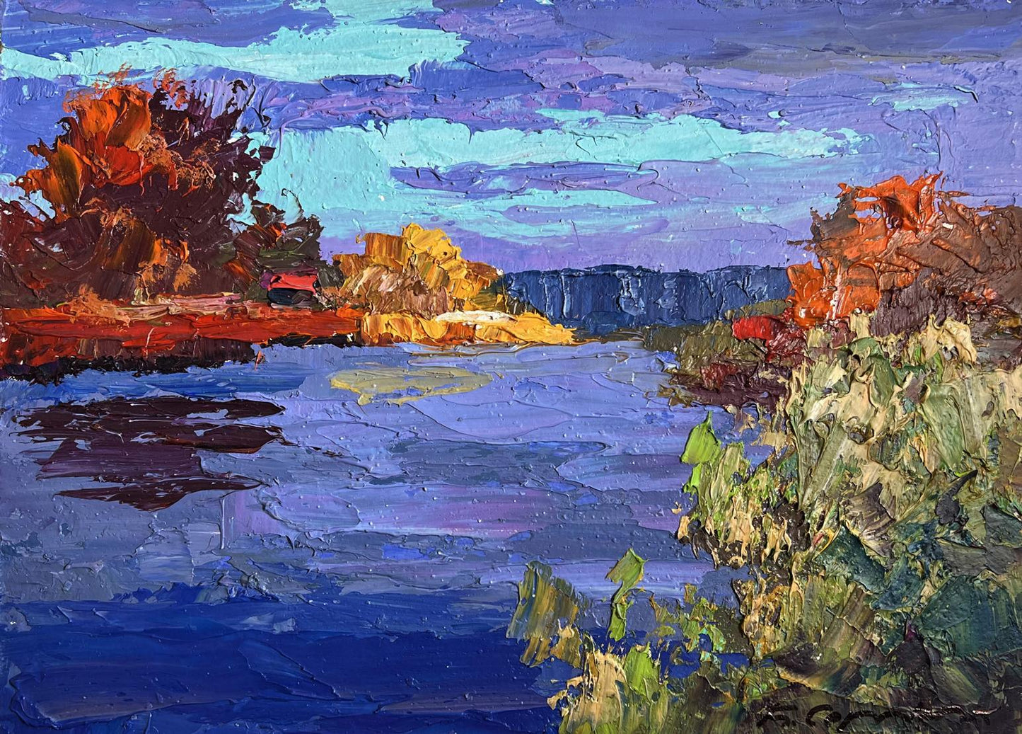 Oil painting Evening on the river by Boris Serdyuk, vibrant autumn lake at twilight