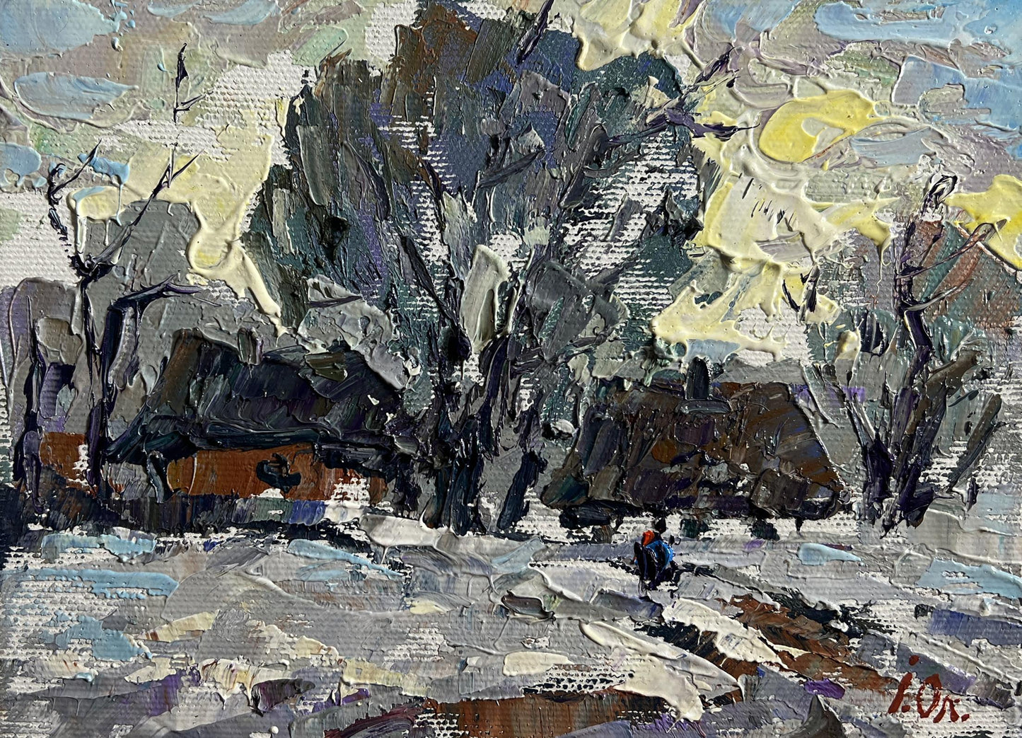 Oil painting Winter morning in the village by Oleksiy Ivanyuk snowy scene