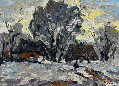 Oil painting Winter morning in the village by Oleksiy Ivanyuk snowy scene