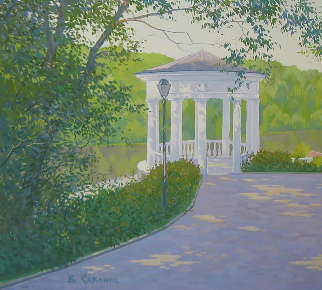 Oil painting Morning in the city park Valery Savenets white gazebo in foliage