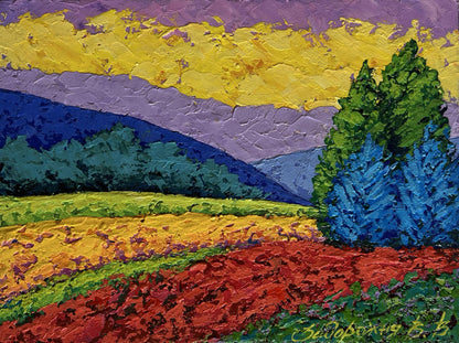 Vibrant oil painting Yellow sunset beyond the horizon by V. Zadorozhnya