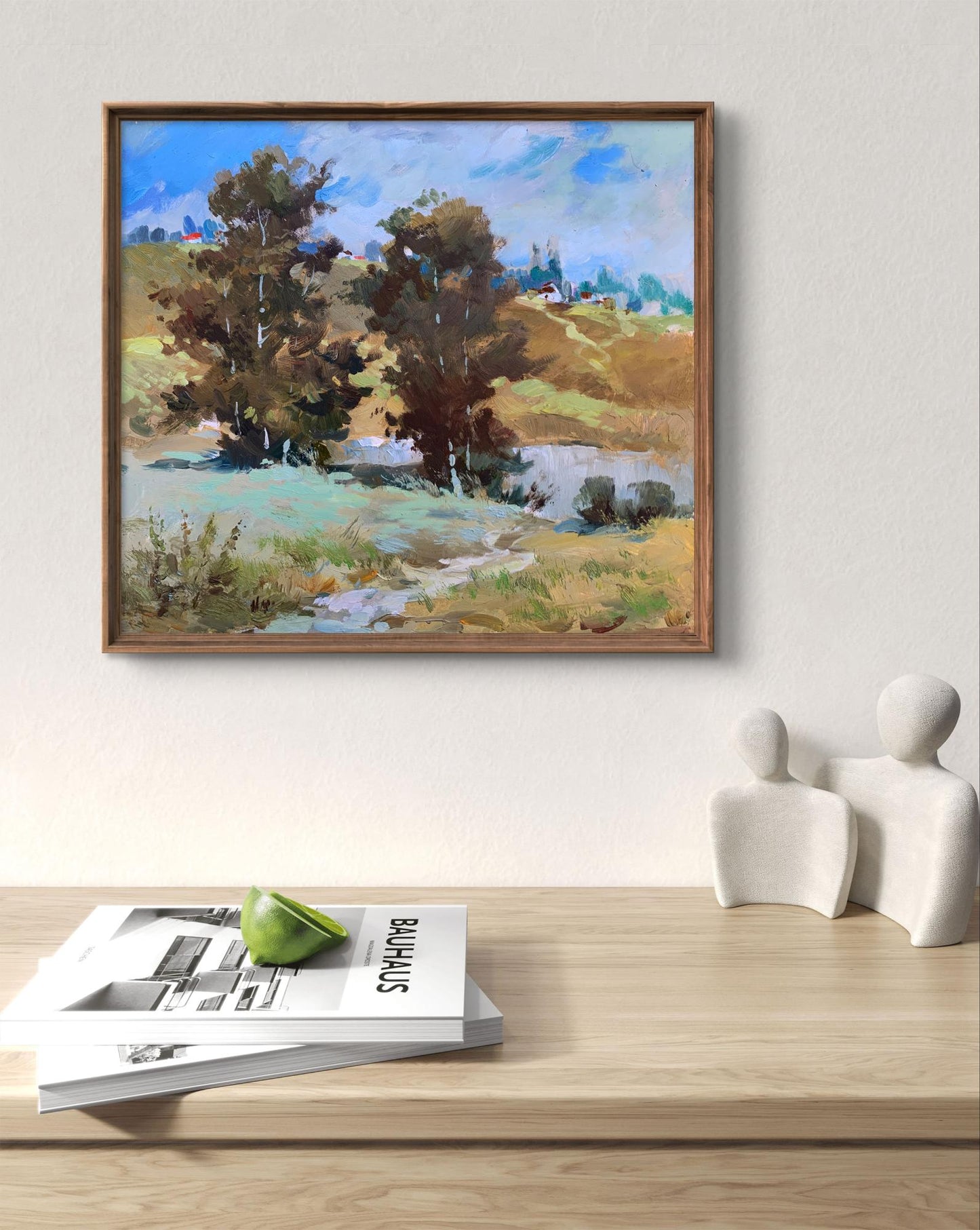 Framed impressionist oil painting of village pond by Yuriy Suprunchuk