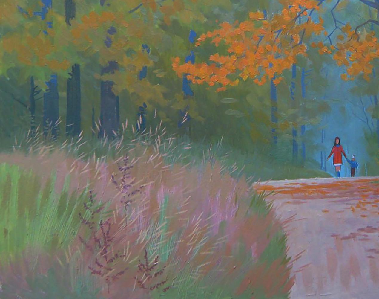 Oil painting by Valery Savenets: woman in red coat walks misty forest path with child