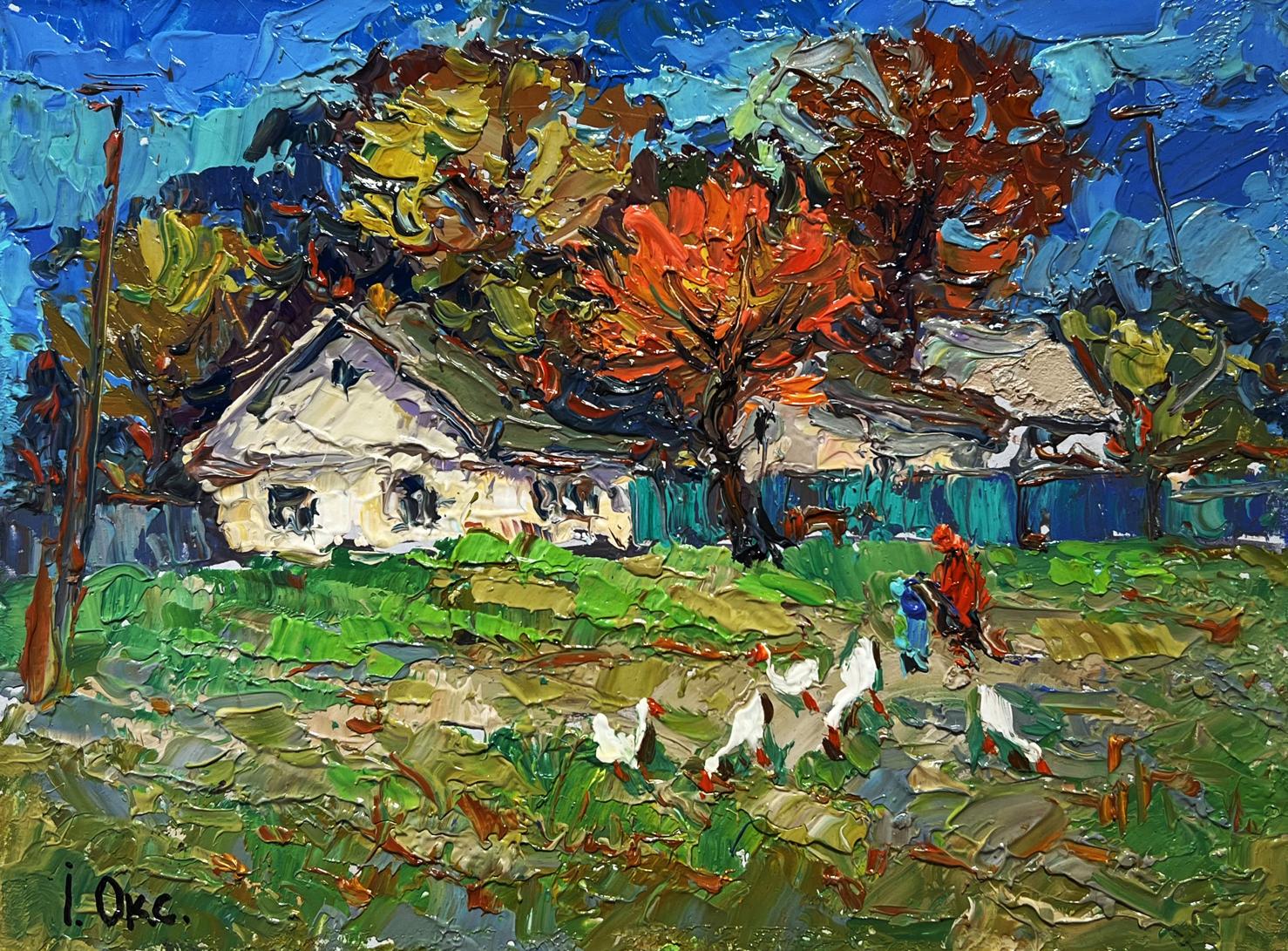 Vibrant impressionist oil painting by Oksana Ivanyuk: autumn village street