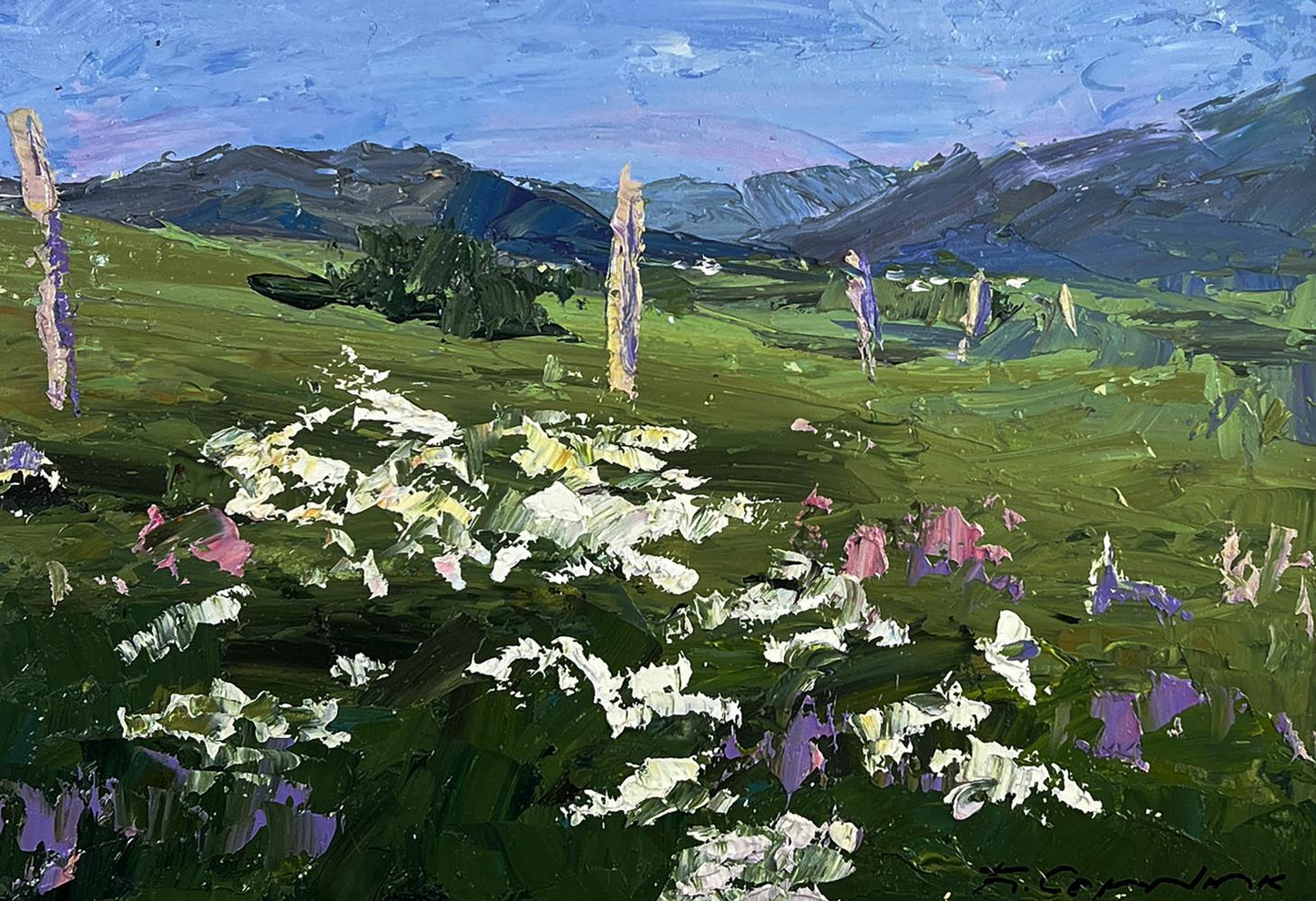 Vibrant impressionist oil painting by Boris Serdyuk: green field with wildflowers, mountains